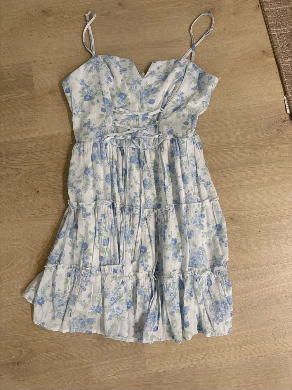 Altar'd State White and Light Blue Floral Tiered Mini Dress